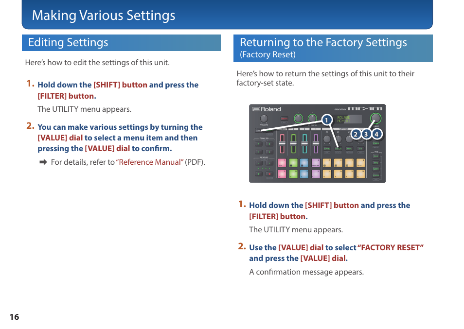 Making various settings, Editing settings, Returning to the factory settings | Roland MC-101 Portable Groovebox User Manual | Page 16 / 24