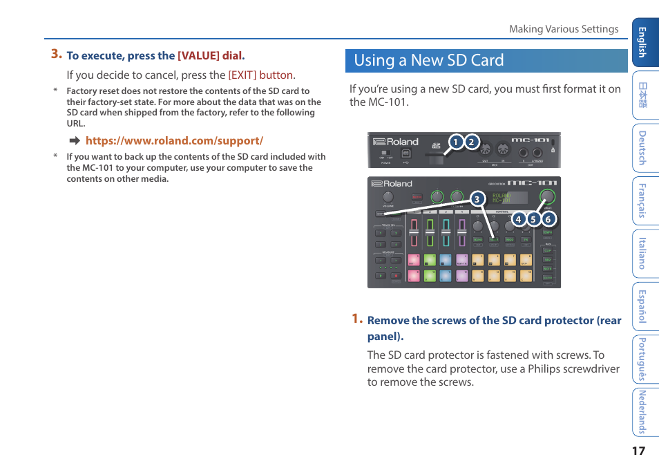 Using a new sd card | Roland MC-101 Portable Groovebox User Manual | Page 17 / 24