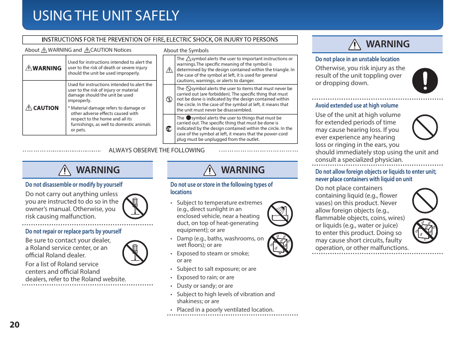 Using the unit safely, Ead “using the unit safely, P. 20) | Ed in, P. 20) and, Warning | Roland MC-101 Portable Groovebox User Manual | Page 20 / 24