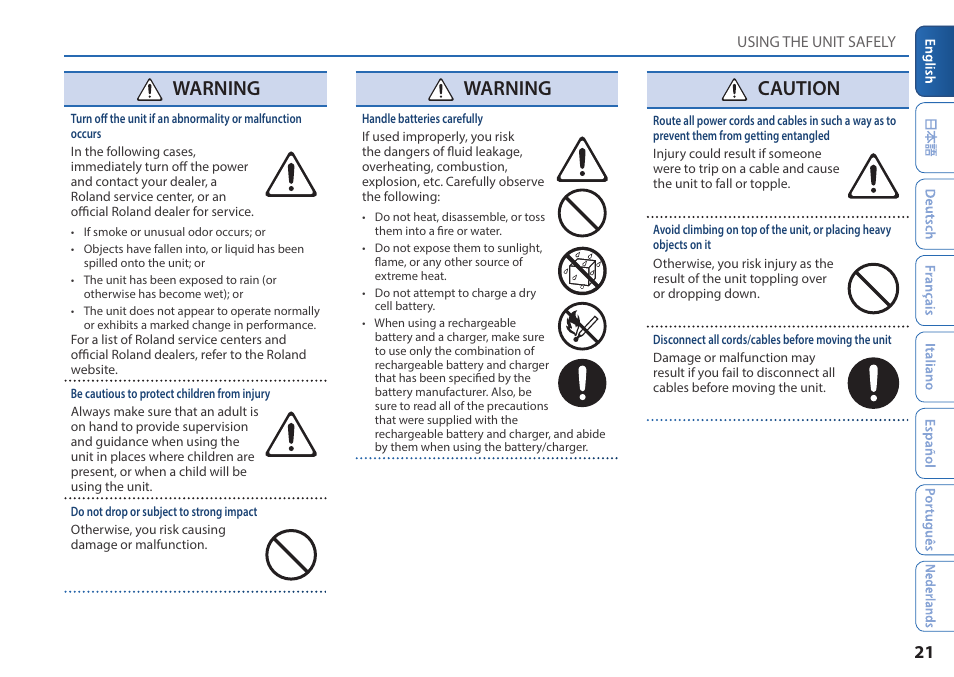 Warning, Caution | Roland MC-101 Portable Groovebox User Manual | Page 21 / 24