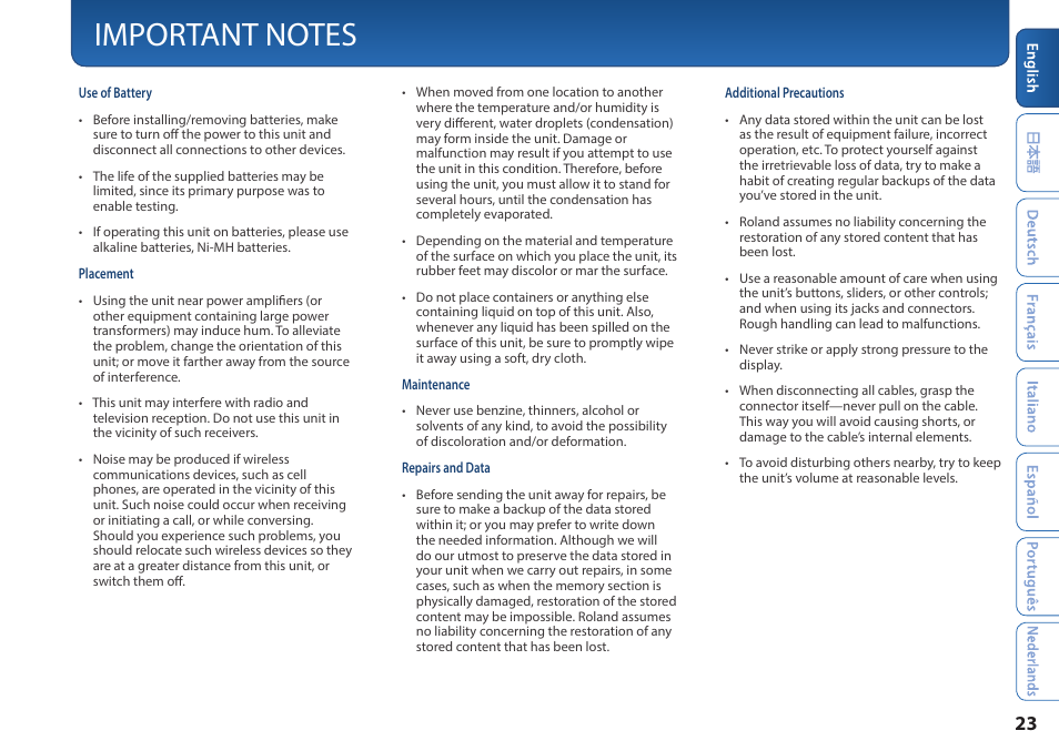 Important notes, P. 23) | Roland MC-101 Portable Groovebox User Manual | Page 23 / 24