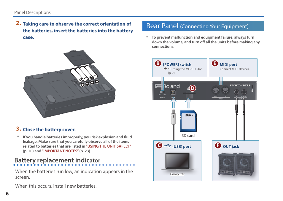 Rear panel, Battery replacement indic, Ator | Connecting your equipment) | Roland MC-101 Portable Groovebox User Manual | Page 6 / 24