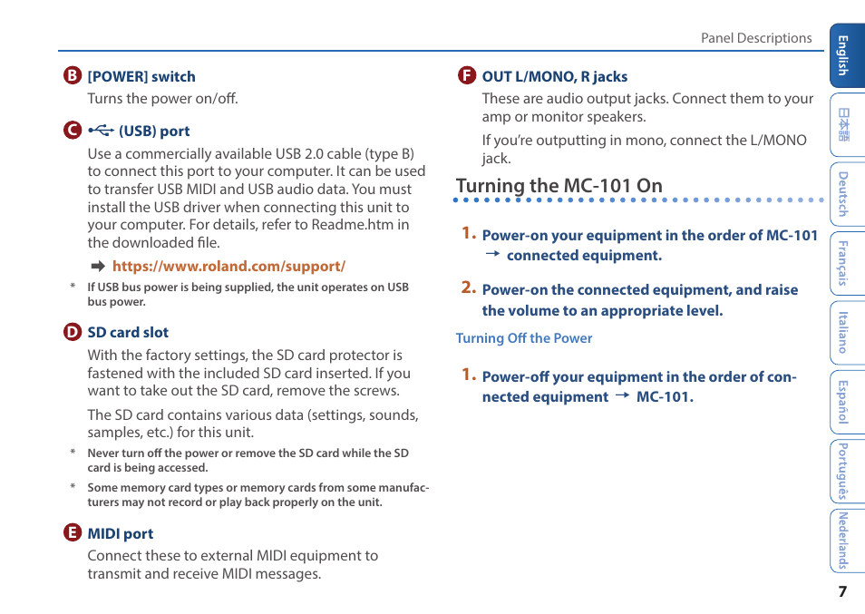 Turning the mc-101 on, P. 7) | Roland MC-101 Portable Groovebox User Manual | Page 7 / 24