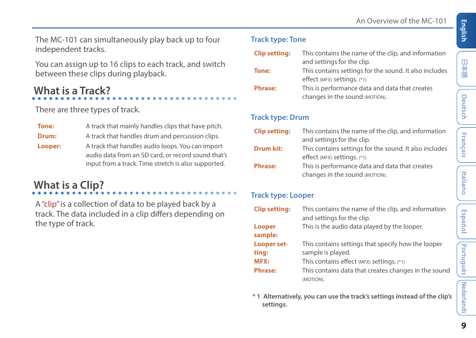 What is a track, What is a clip, There are three types of track | Roland MC-101 Portable Groovebox User Manual | Page 9 / 24