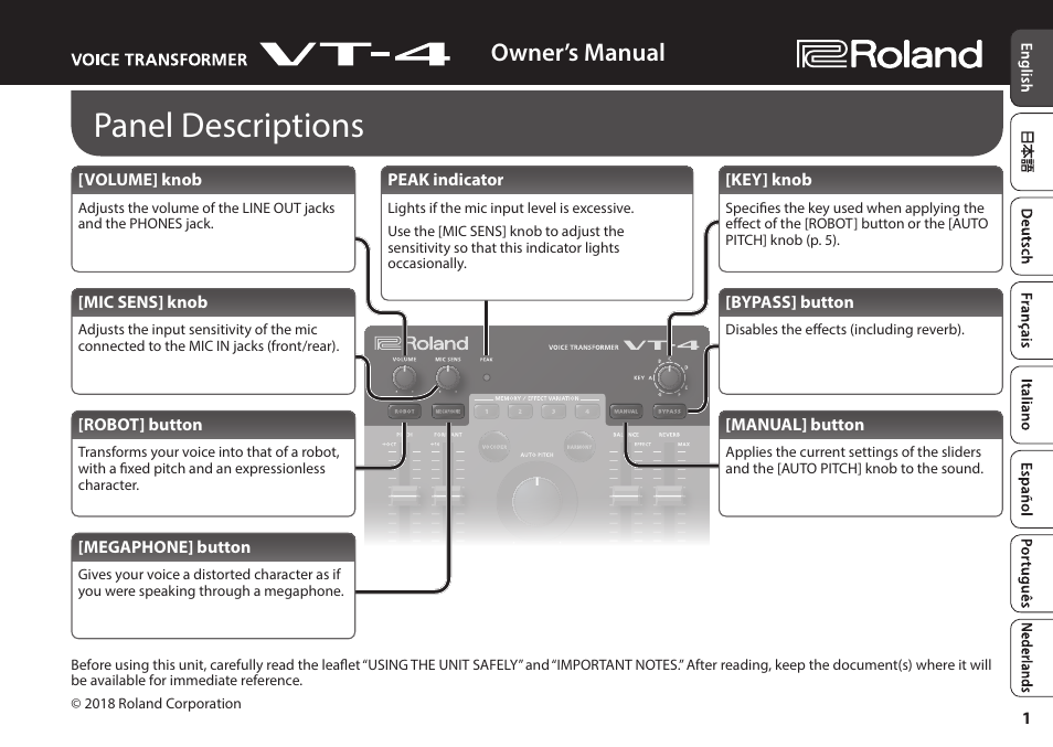 Roland AIRA VT-4 Voice Transformer User Manual | 12 pages