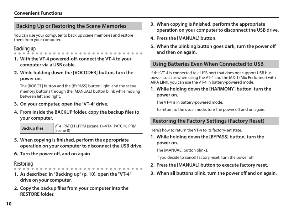 Backing up or restoring the scene memories, Using batteries even when connected to usb, Restoring the factory settings (factory reset) | Backing up, Restoring | Roland AIRA VT-4 Voice Transformer User Manual | Page 10 / 12