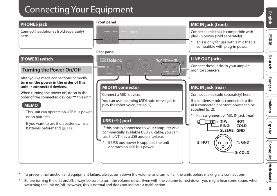 Connecting your equipment, Turning the power on/off | Roland AIRA VT-4 Voice Transformer User Manual | Page 3 / 12