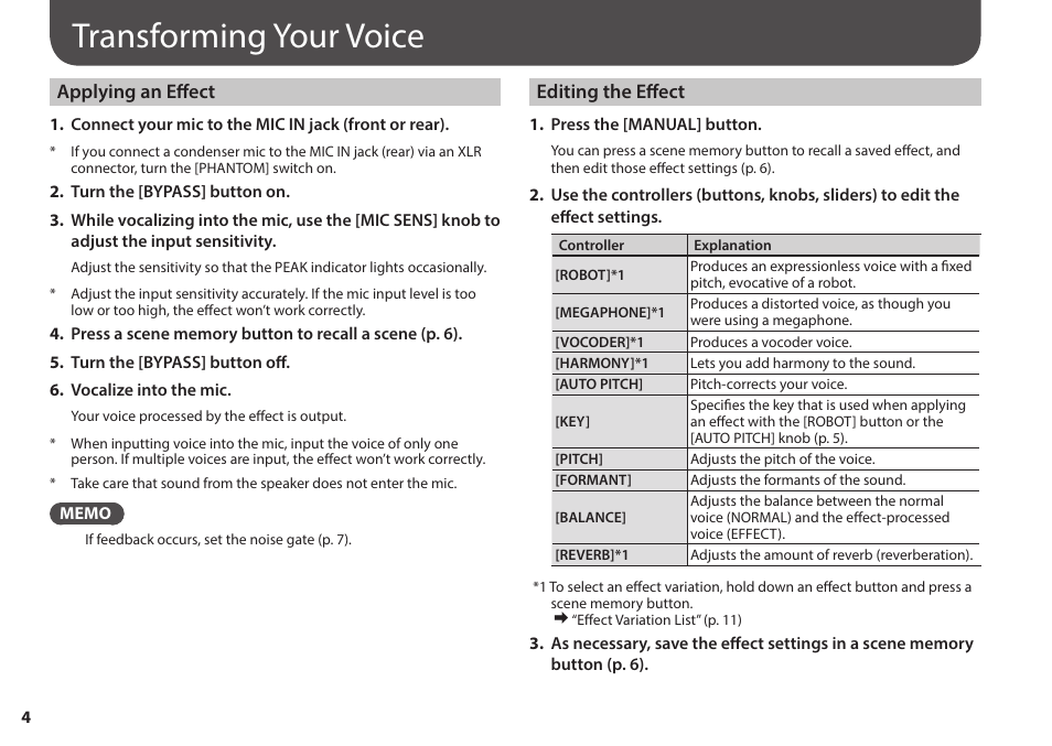 Transforming your voice, Applying an effect, Editing the effect | Roland AIRA VT-4 Voice Transformer User Manual | Page 4 / 12