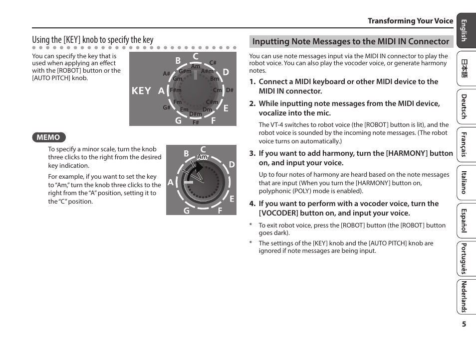 Inputting note messages to the midi in connector, Nob (p. 5), Using the [key] knob to specify the key | Roland AIRA VT-4 Voice Transformer User Manual | Page 5 / 12