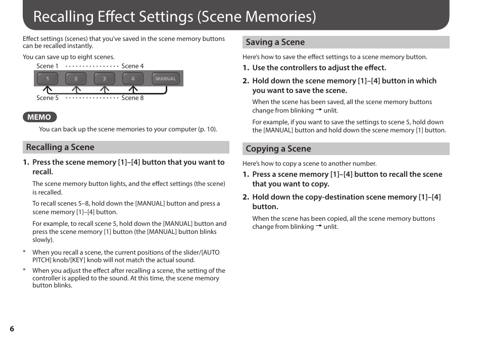 Recalling effect settings (scene memories), Recalling a scene, Saving a scene | Copying a scene, Ene (p. 6), T settings (p. 6), On (p. 6) | Roland AIRA VT-4 Voice Transformer User Manual | Page 6 / 12