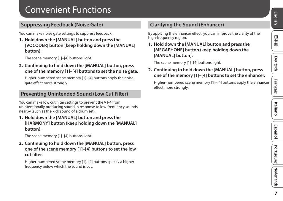 Convenient functions, Suppressing feedback (noise gate), Preventing unintended sound (low cut filter) | Clarifying the sound (enhancer), E (p. 7) | Roland AIRA VT-4 Voice Transformer User Manual | Page 7 / 12