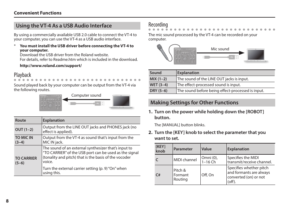 Using the vt-4 as a usb audio interface, Making settings for other functions, Playback | Recording | Roland AIRA VT-4 Voice Transformer User Manual | Page 8 / 12