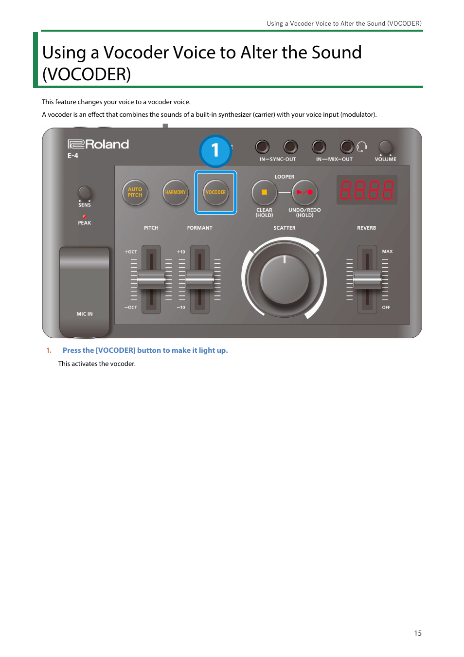 Using a vocoder voice to alter the sound (vocoder) | Roland AIRA Compact E-4 Voice Tweaker User Manual | Page 15 / 42