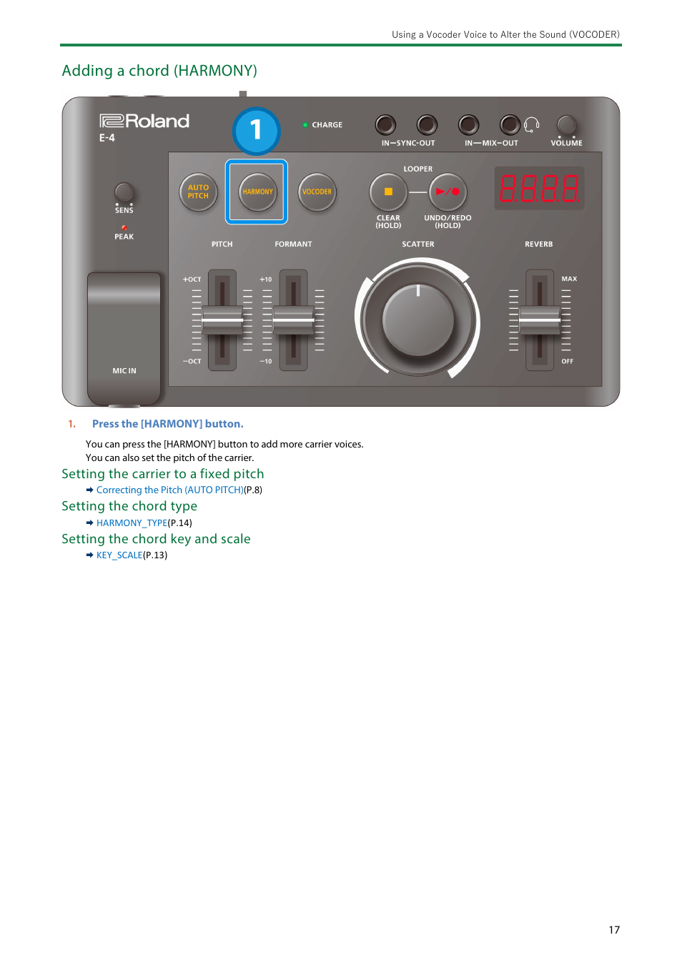 Adding a chord (harmony), Setting the carrier to a fixed pitch, Setting the chord type | Setting the chord key and scale | Roland AIRA Compact E-4 Voice Tweaker User Manual | Page 17 / 42