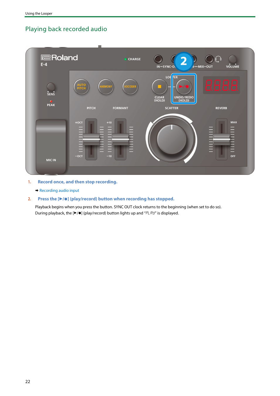 Playing back recorded audio | Roland AIRA Compact E-4 Voice Tweaker User Manual | Page 22 / 42