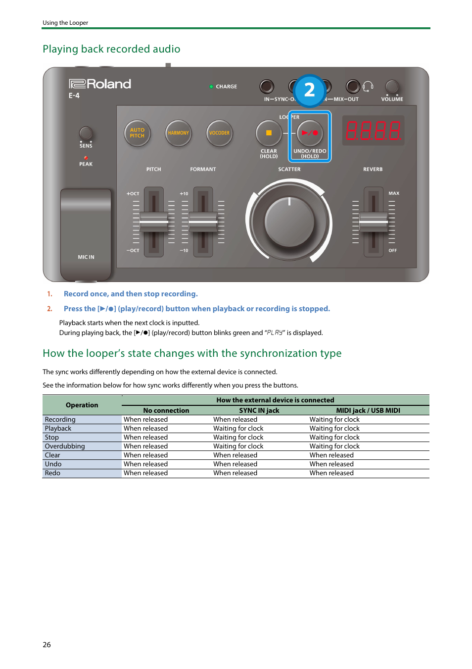 Playing back recorded audio | Roland AIRA Compact E-4 Voice Tweaker User Manual | Page 26 / 42