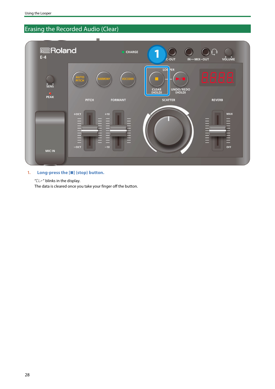 Erasing the recorded audio (clear) | Roland AIRA Compact E-4 Voice Tweaker User Manual | Page 28 / 42