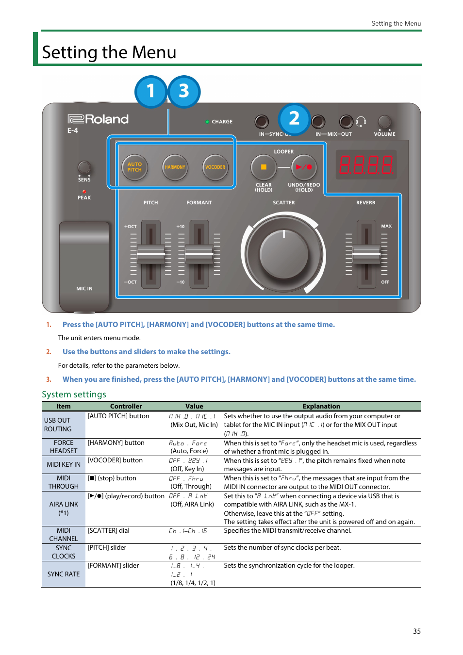 Setting the menu, System settings | Roland AIRA Compact E-4 Voice Tweaker User Manual | Page 35 / 42