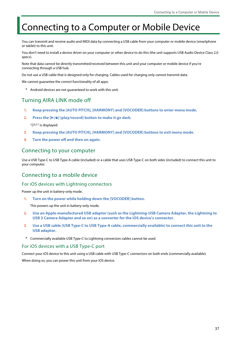 Connecting to a computer or mobile device, Turning aira link mode off, Connecting to your computer | Connecting to a mobile device, For ios devices with lightning connectors, For ios devices with a usb type-c port | Roland AIRA Compact E-4 Voice Tweaker User Manual | Page 37 / 42