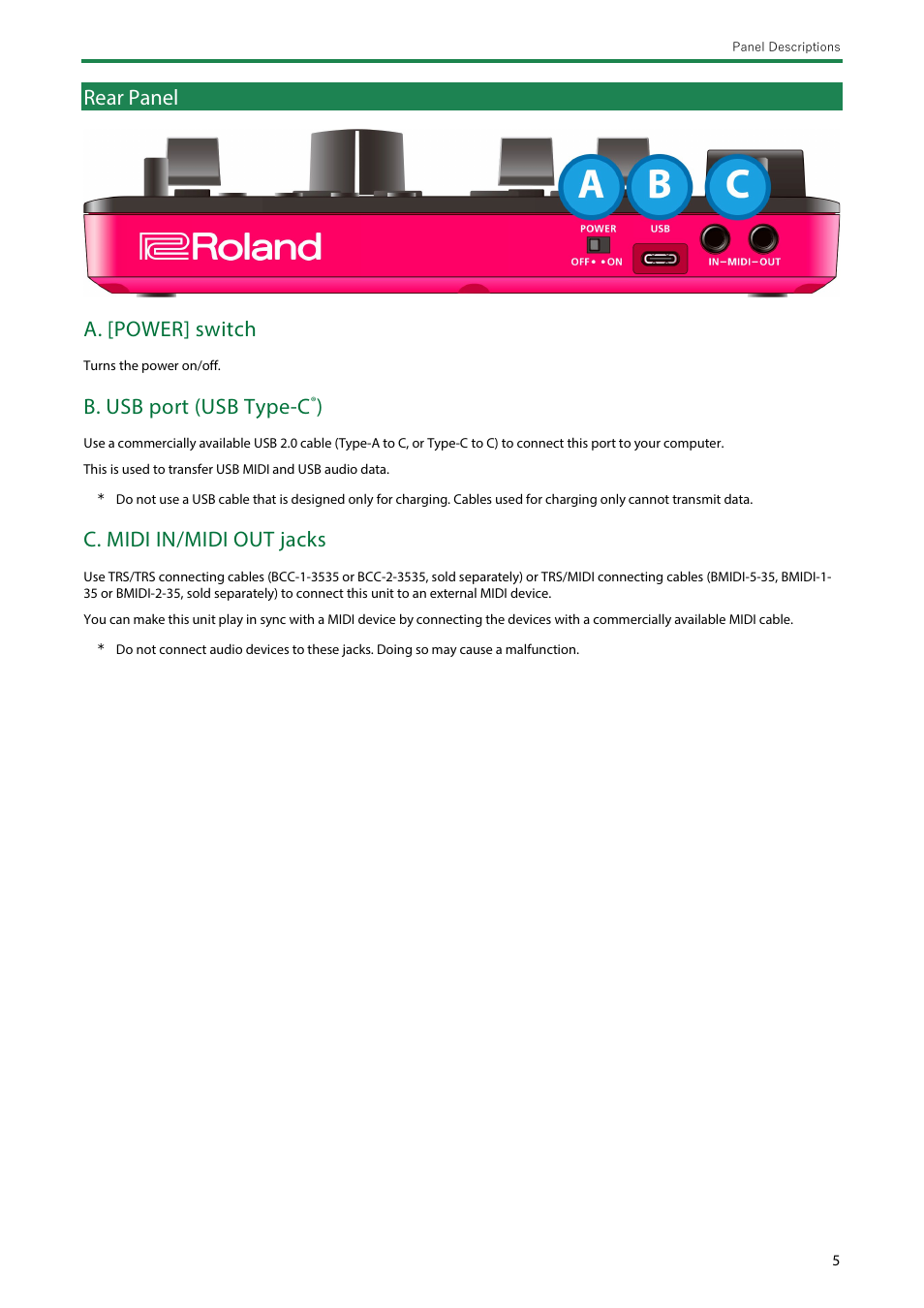 Rear panel, A. [power] switch, B. usb port (usb type-c | C. midi in/midi out jacks | Roland AIRA Compact E-4 Voice Tweaker User Manual | Page 5 / 42