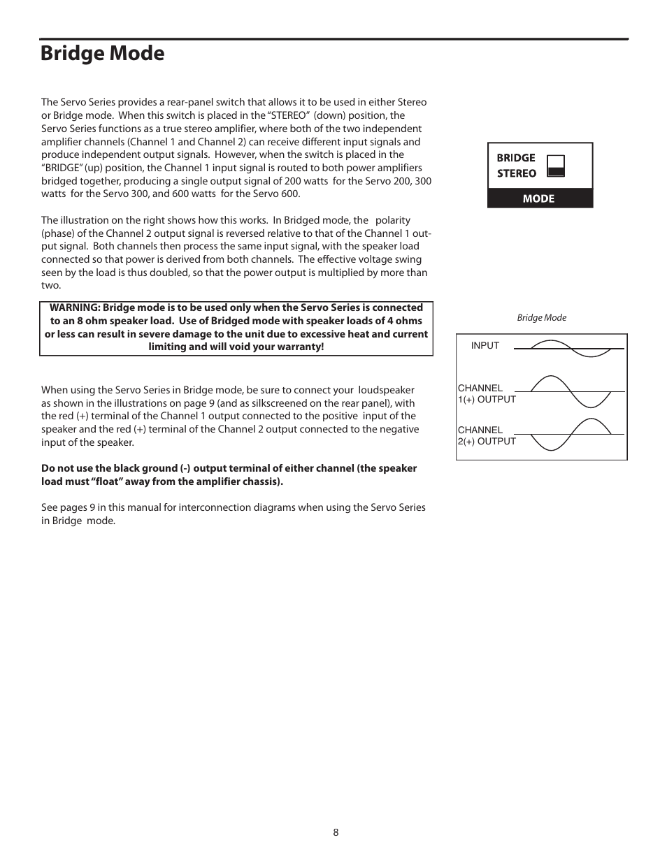 Bridge mode | Samson SERVO 300 - Power Amplifier User Manual | Page 10 / 16