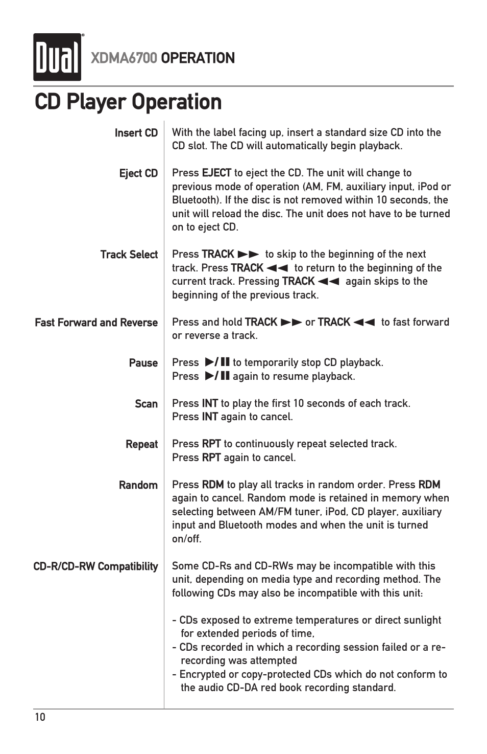 Cd player operation | Dual XDMA6700 User Manual | Page 10 / 24