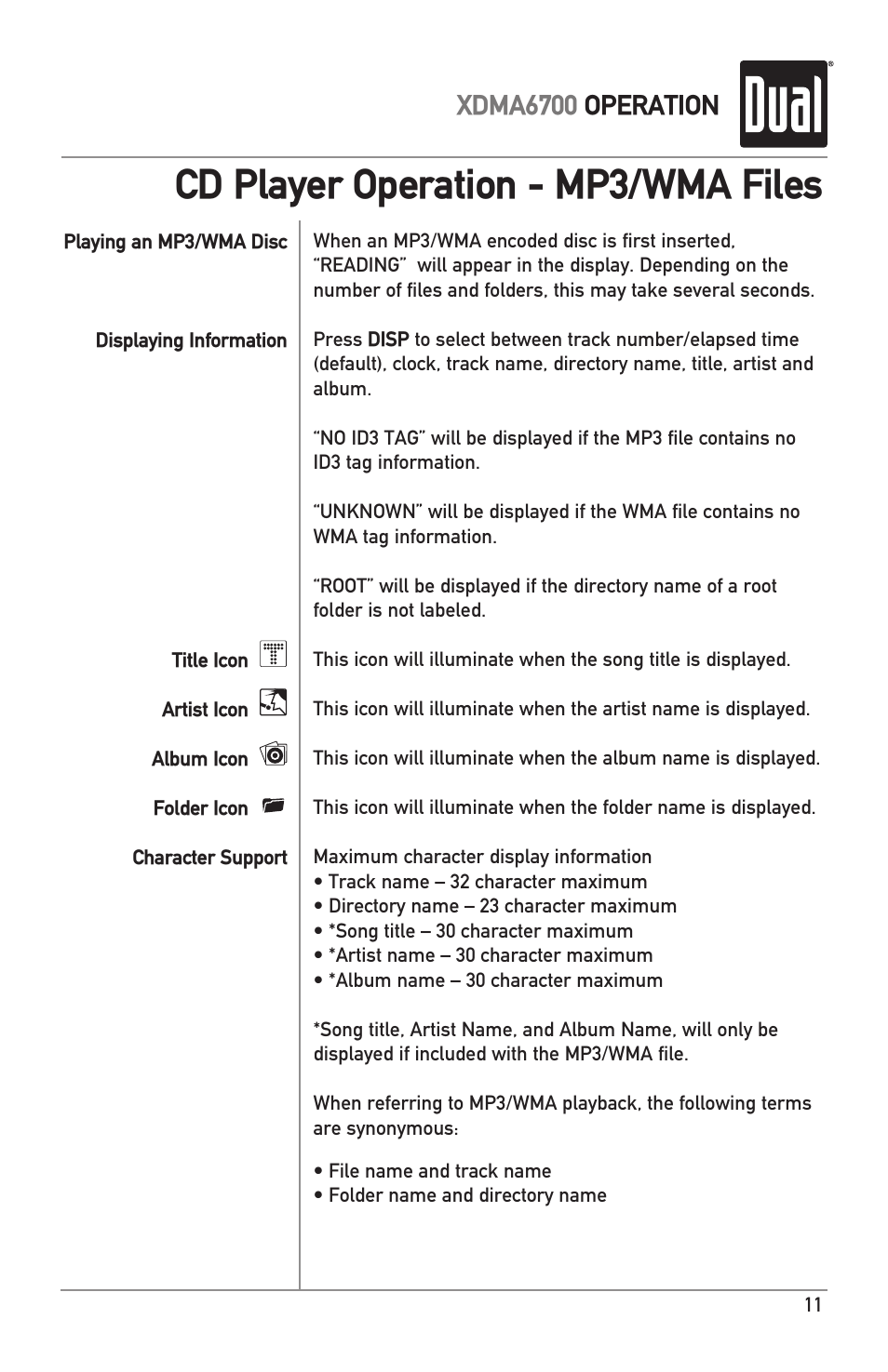 Cd player operation - mp3/wma files, Xdma6700 operation | Dual XDMA6700 User Manual | Page 11 / 24