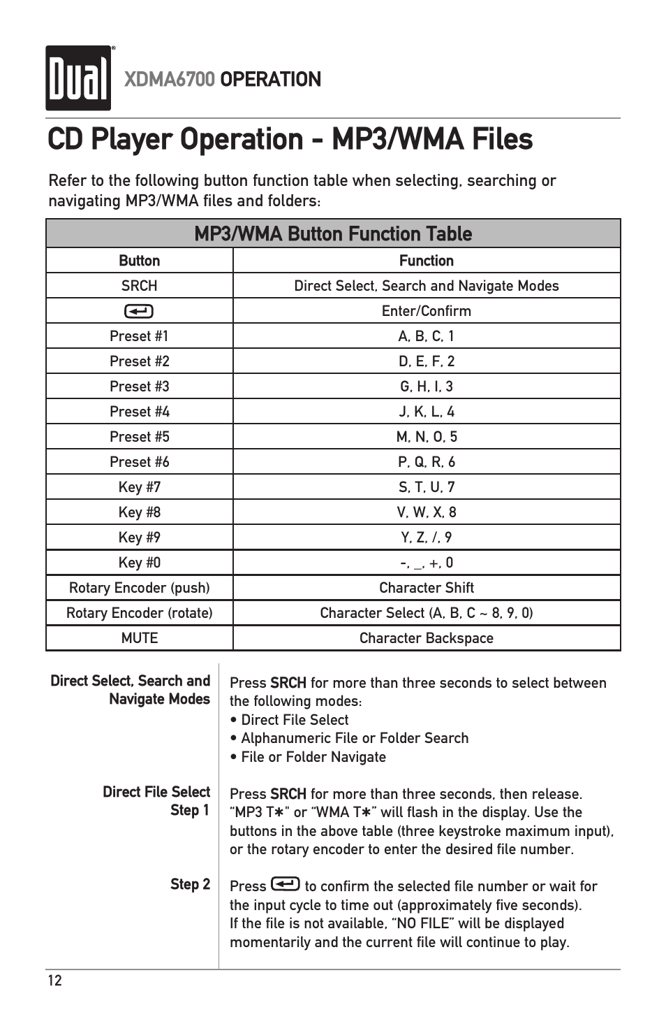 Cd player operation - mp3/wma files, Xdma6700 operation, Mp3/wma button function table | Dual XDMA6700 User Manual | Page 12 / 24