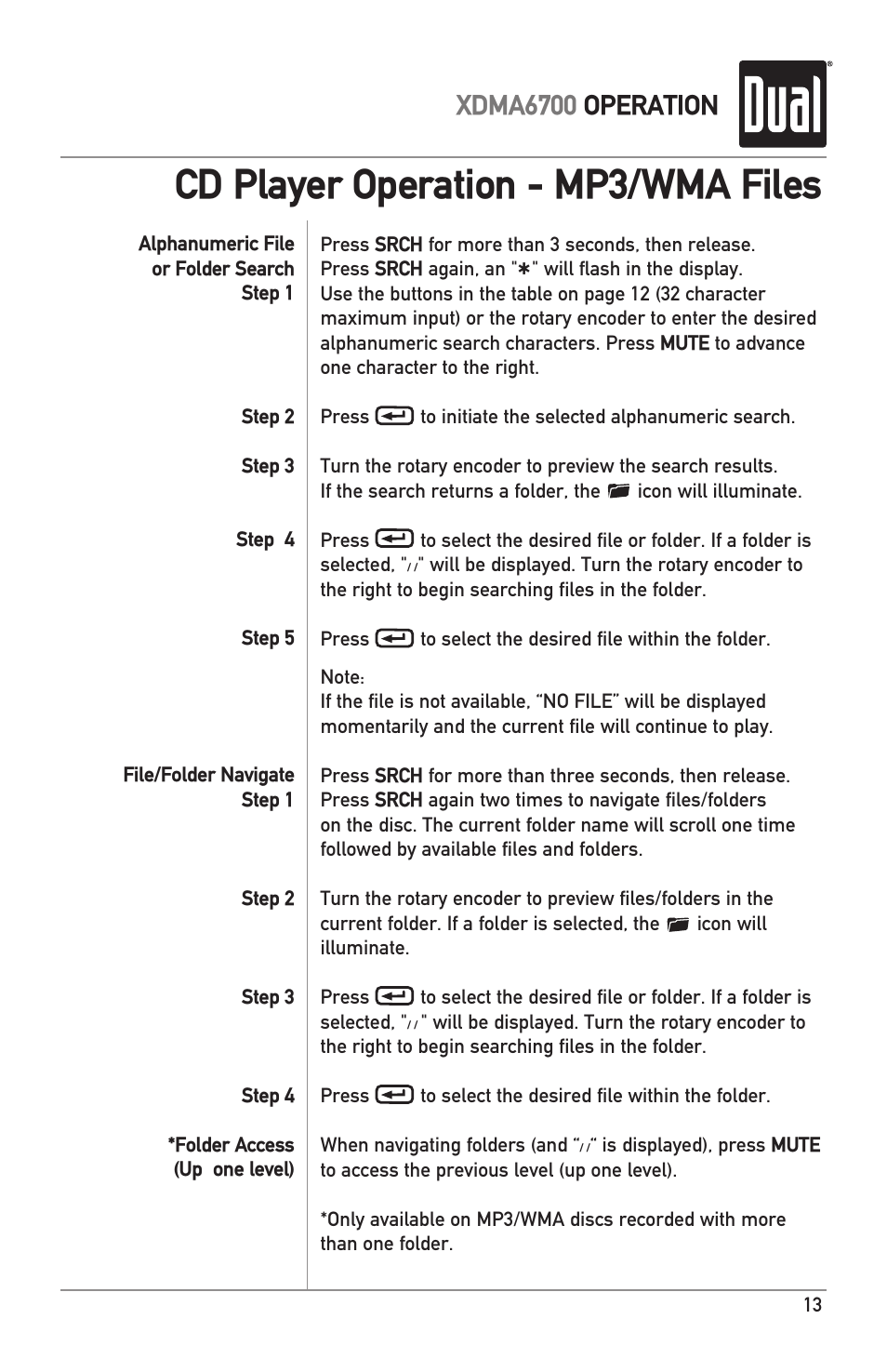 Cd player operation - mp3/wma files, Xdma6700 operation | Dual XDMA6700 User Manual | Page 13 / 24