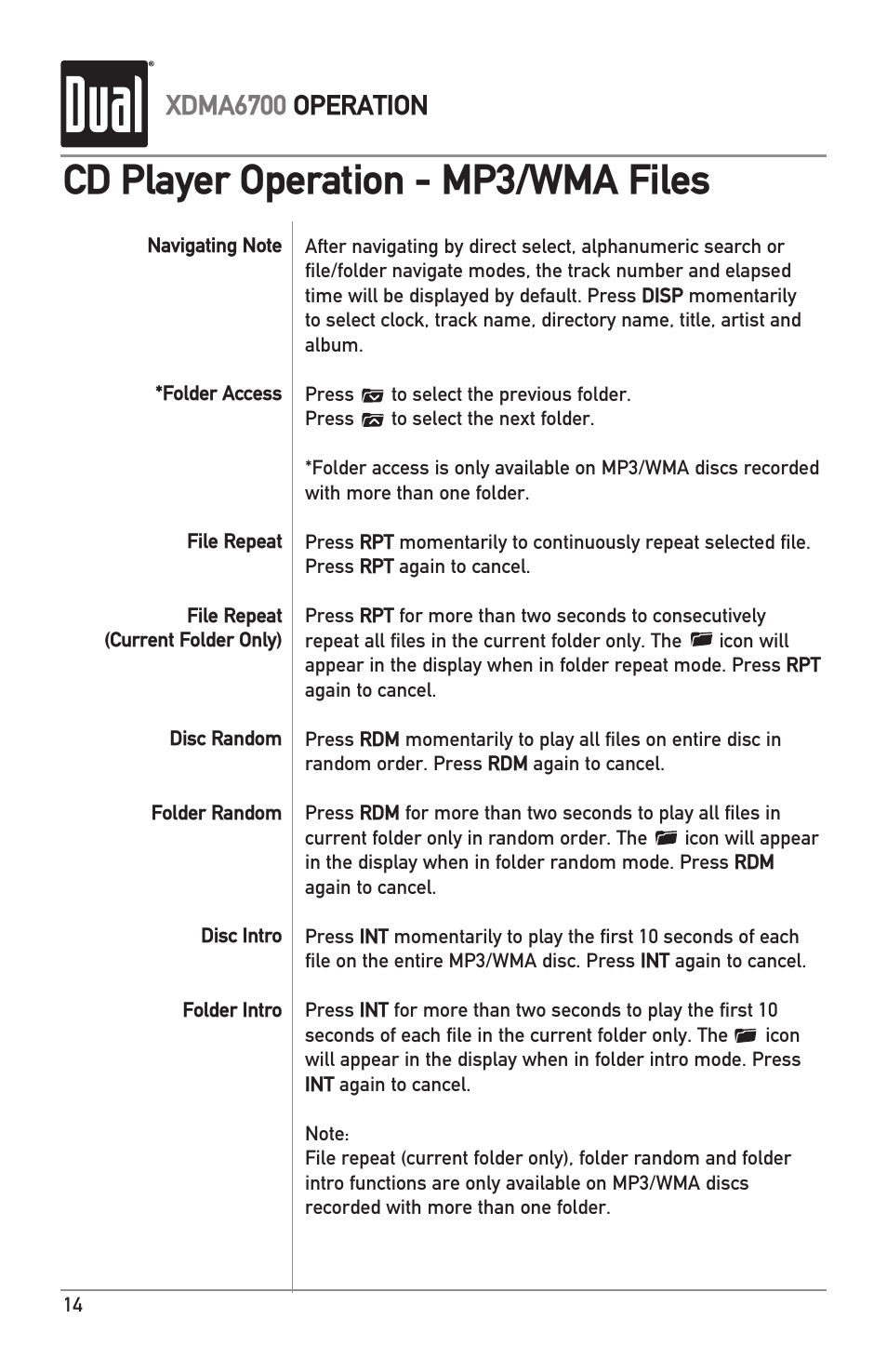 Cd player operation - mp3/wma files, Xdma6700 operation | Dual XDMA6700 User Manual | Page 14 / 24