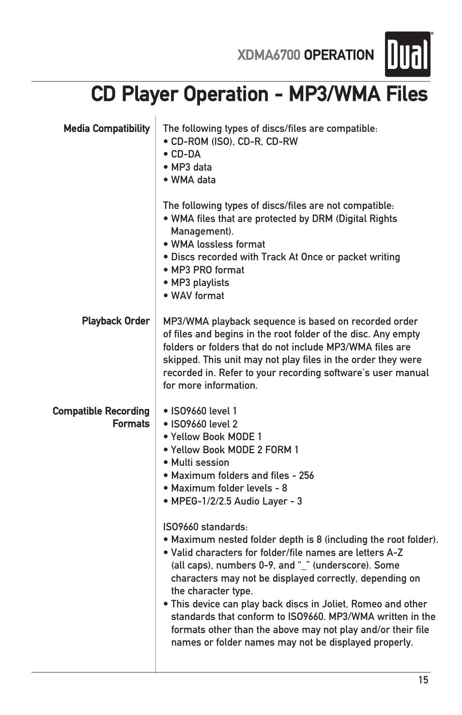 Cd player operation - mp3/wma files, Xdma6700 operation | Dual XDMA6700 User Manual | Page 15 / 24