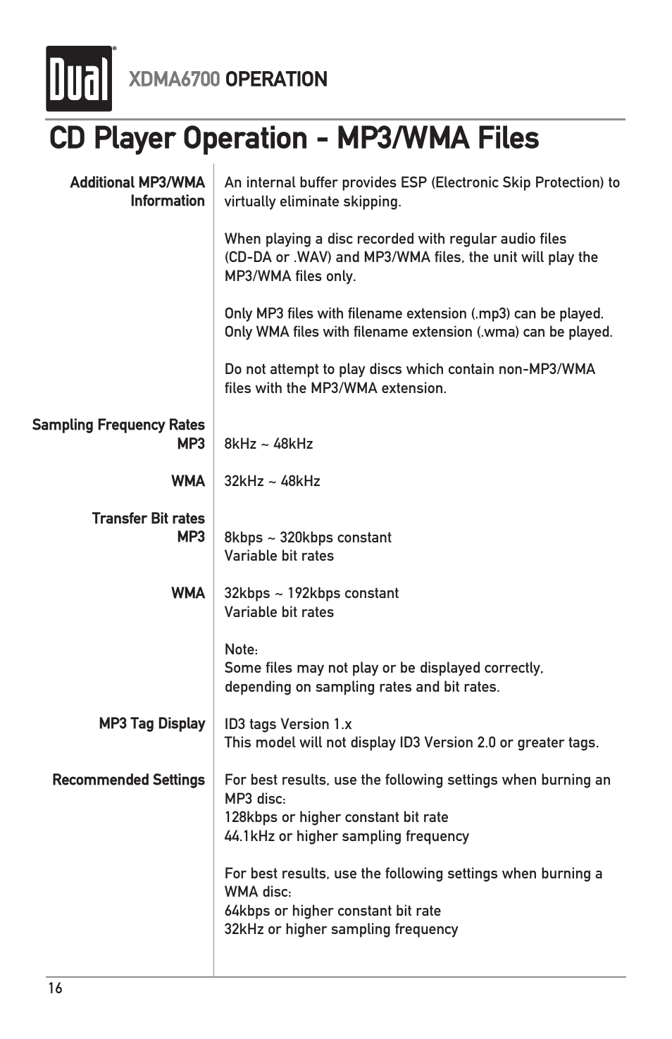 Cd player operation - mp3/wma files, Xdma6700 operation | Dual XDMA6700 User Manual | Page 16 / 24