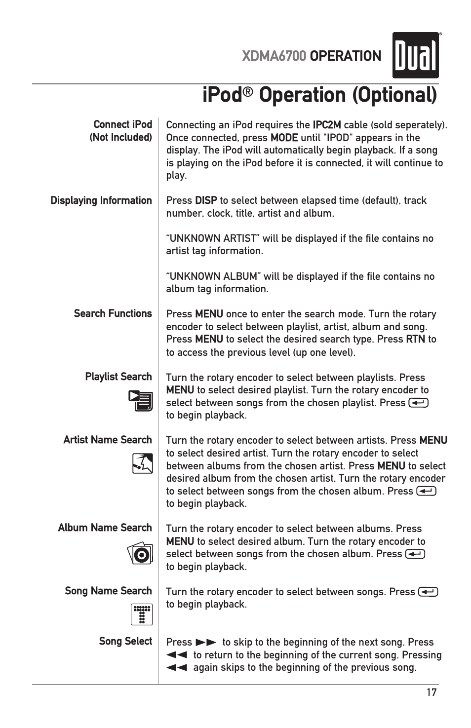 Ipod, Operation (optional), Xdma6700 operation | Dual XDMA6700 User Manual | Page 17 / 24