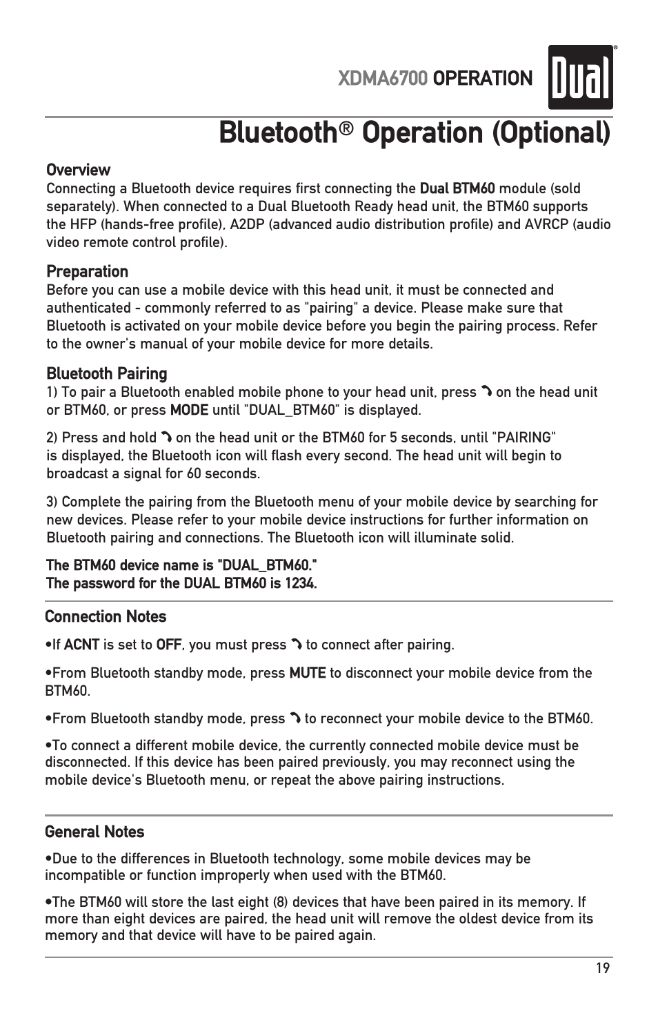 Bluetooth, Operation (optional), Xdma6700 operation | Dual XDMA6700 User Manual | Page 19 / 24