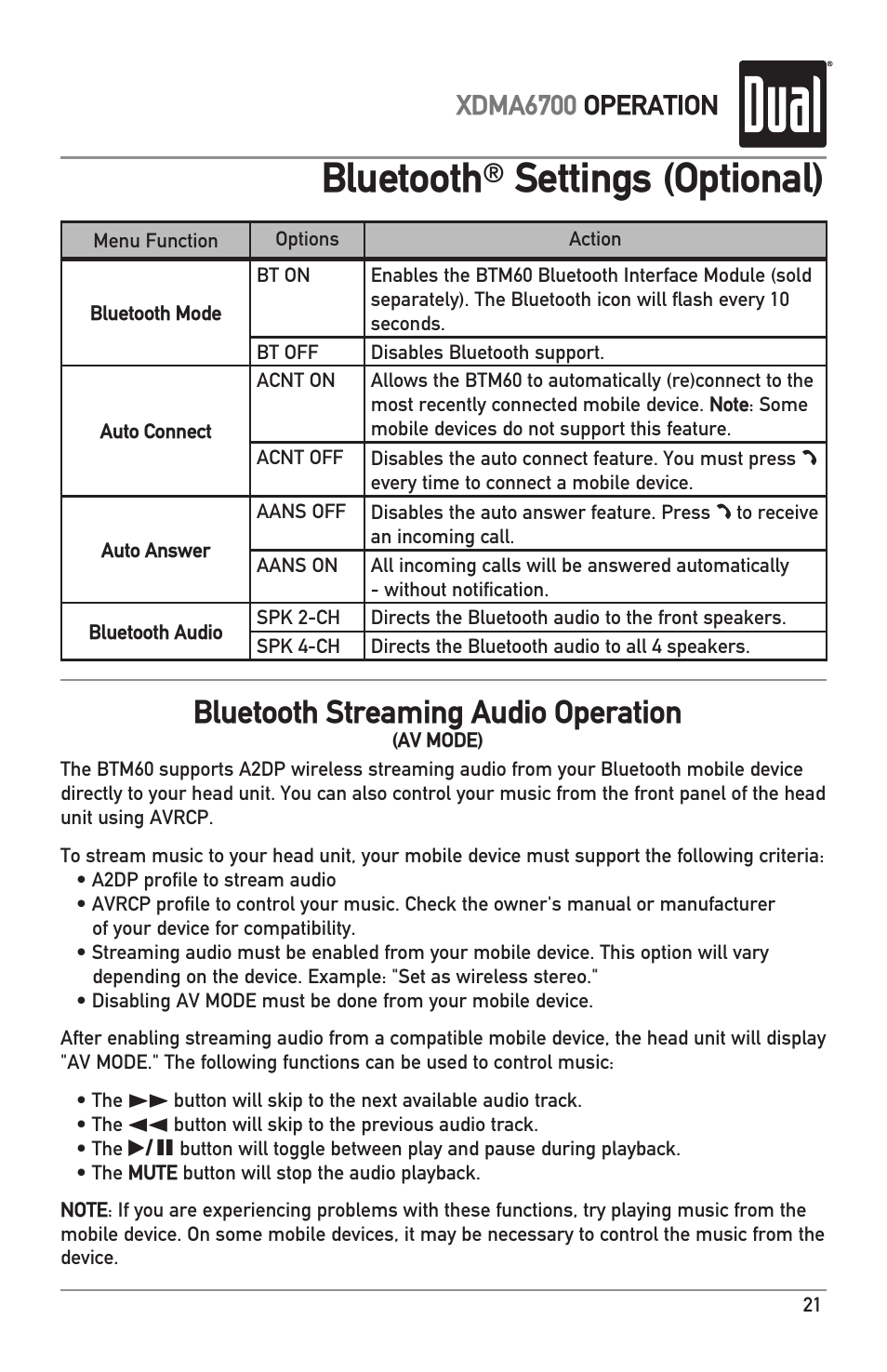 Bluetooth, Settings (optional), Bluetooth streaming audio operation | Xdma6700 operation | Dual XDMA6700 User Manual | Page 21 / 24