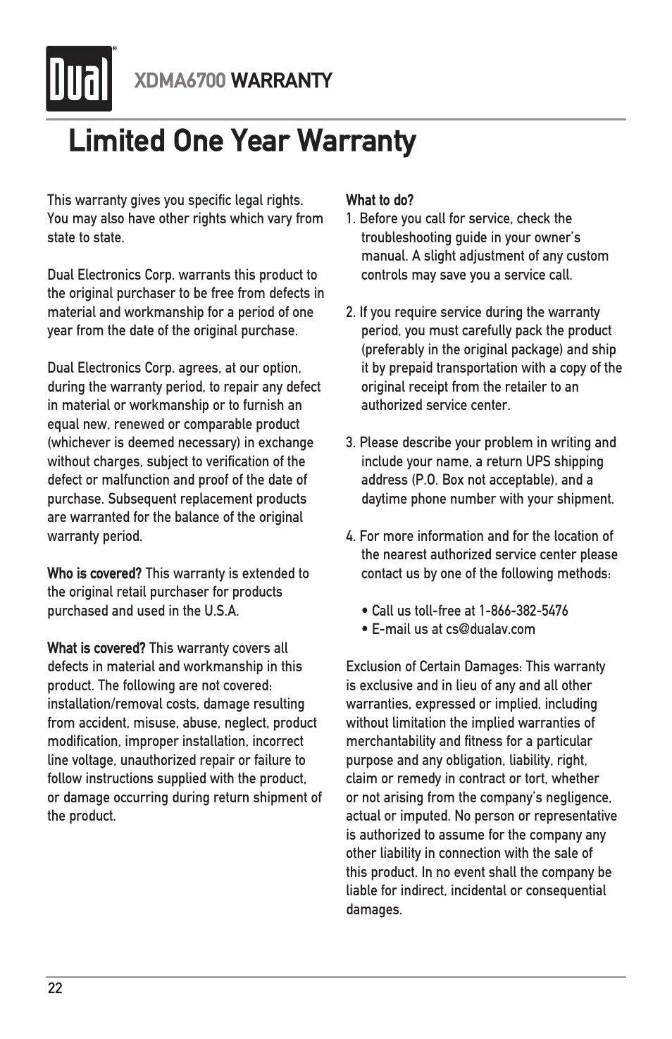 Limited one year warranty, Xdma6700 warranty | Dual XDMA6700 User Manual | Page 22 / 24