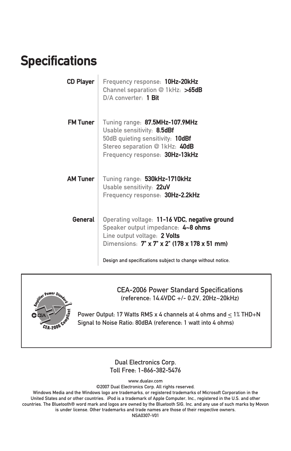 Specifications, Cea-006 power standard specifications | Dual XDMA6700 User Manual | Page 24 / 24