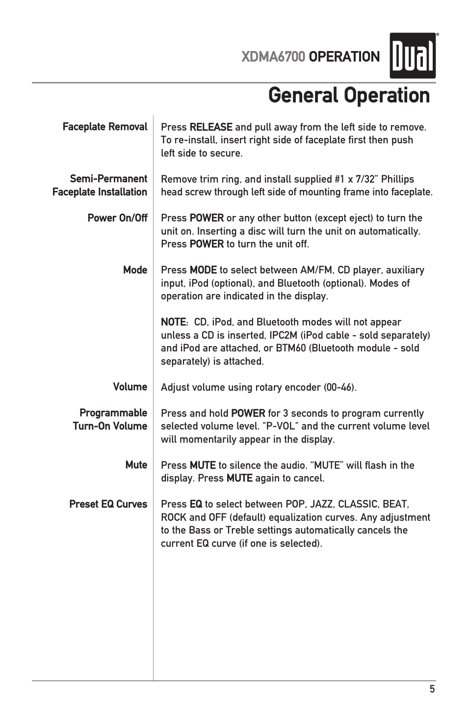 General operation, Xdma6700 operation | Dual XDMA6700 User Manual | Page 5 / 24