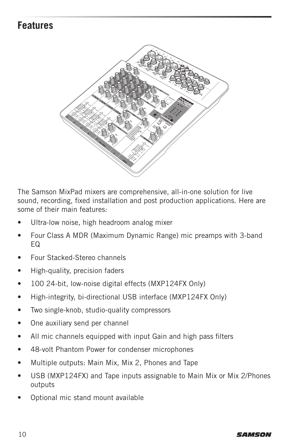 Features | Samson MIXPAD MXP124FX Analog Stereo Mixer with Effects and USB User Manual | Page 10 / 112