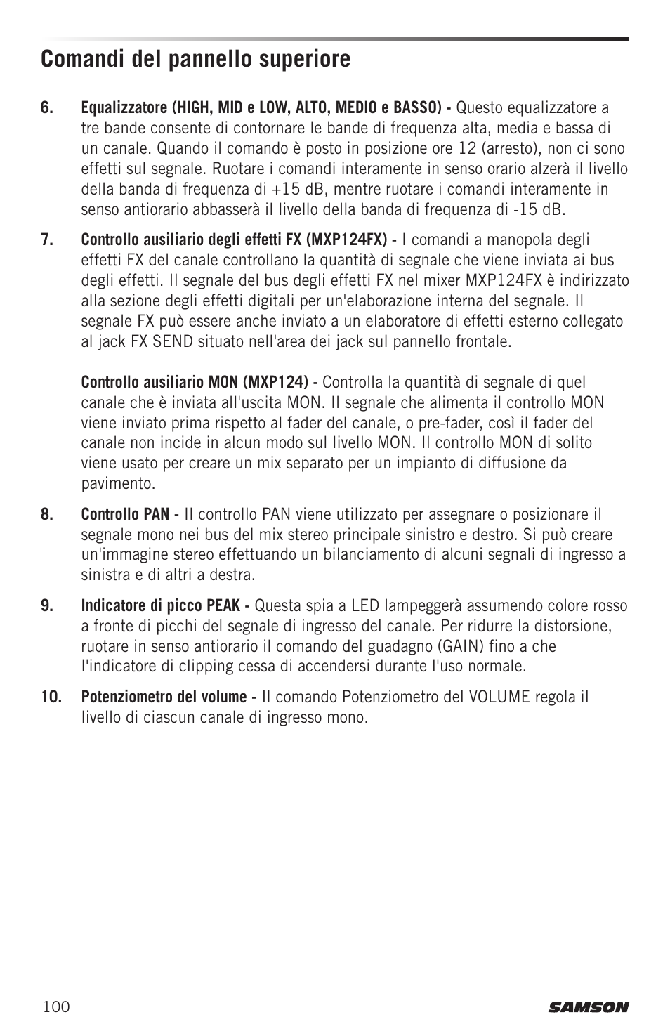 Comandi del pannello superiore | Samson MIXPAD MXP124FX Analog Stereo Mixer with Effects and USB User Manual | Page 100 / 112