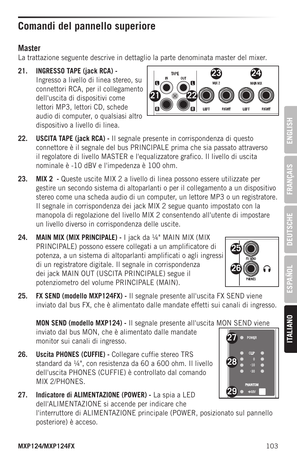 Comandi del pannello superiore | Samson MIXPAD MXP124FX Analog Stereo Mixer with Effects and USB User Manual | Page 103 / 112