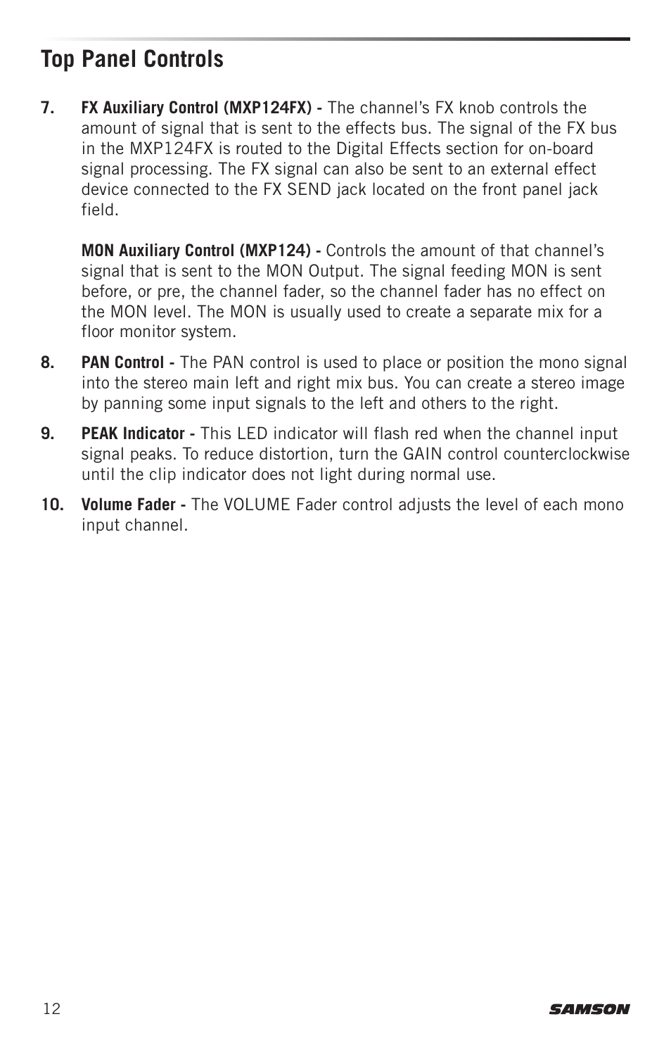 Top panel controls | Samson MIXPAD MXP124FX Analog Stereo Mixer with Effects and USB User Manual | Page 12 / 112