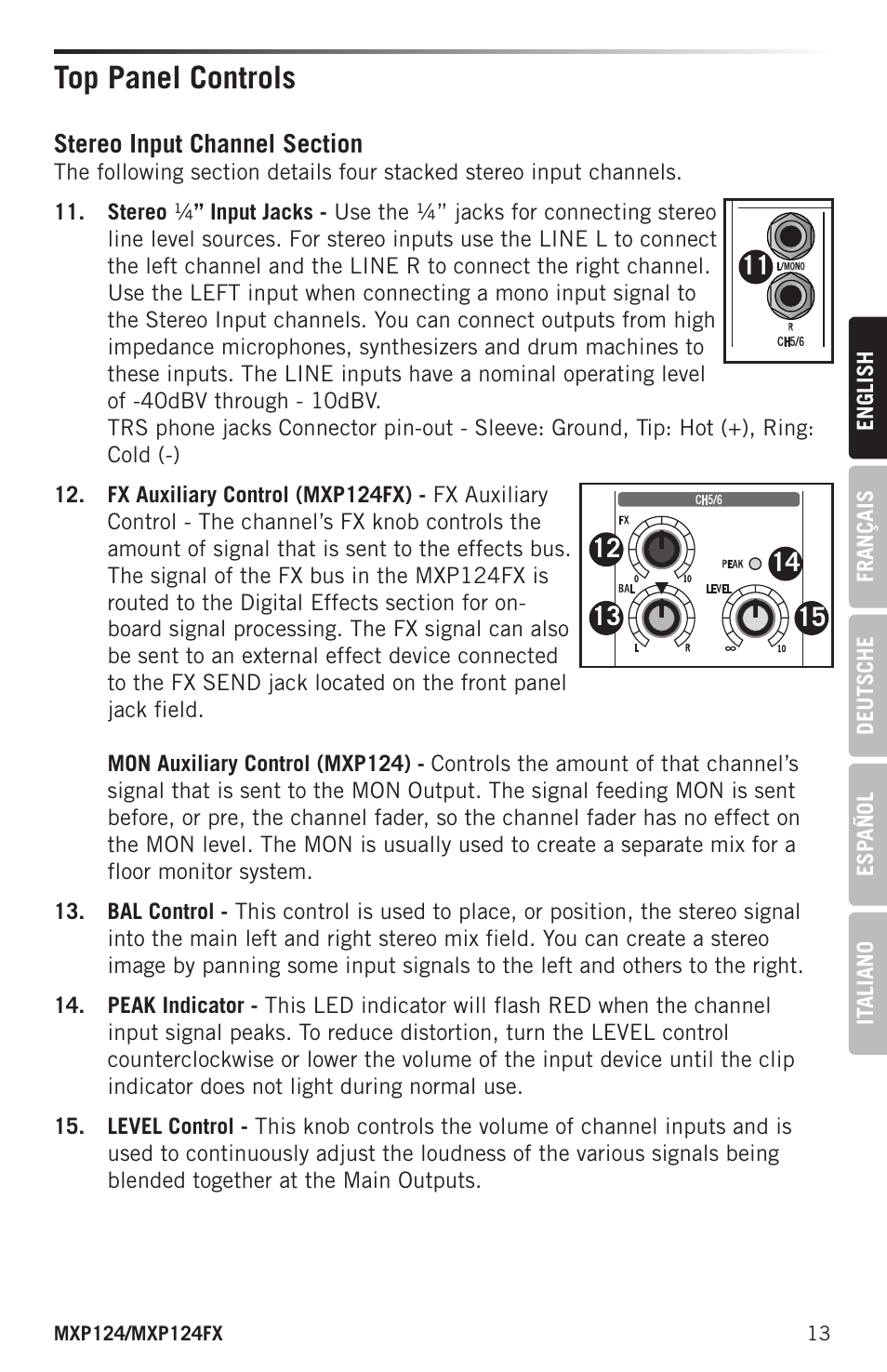 Top panel controls | Samson MIXPAD MXP124FX Analog Stereo Mixer with Effects and USB User Manual | Page 13 / 112