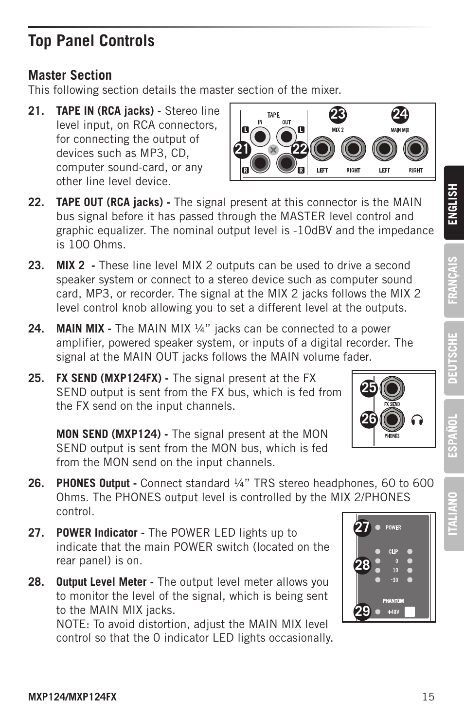 Top panel controls | Samson MIXPAD MXP124FX Analog Stereo Mixer with Effects and USB User Manual | Page 15 / 112