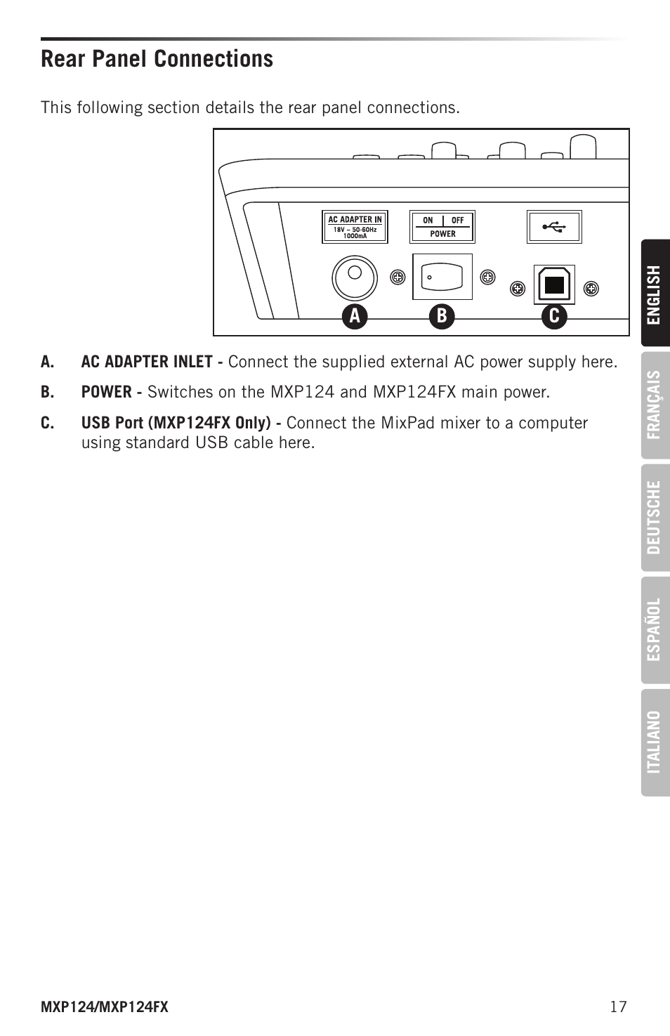 Rear panel connections | Samson MIXPAD MXP124FX Analog Stereo Mixer with Effects and USB User Manual | Page 17 / 112