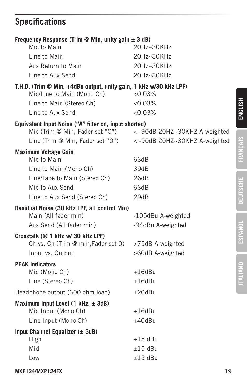 Specifications | Samson MIXPAD MXP124FX Analog Stereo Mixer with Effects and USB User Manual | Page 19 / 112