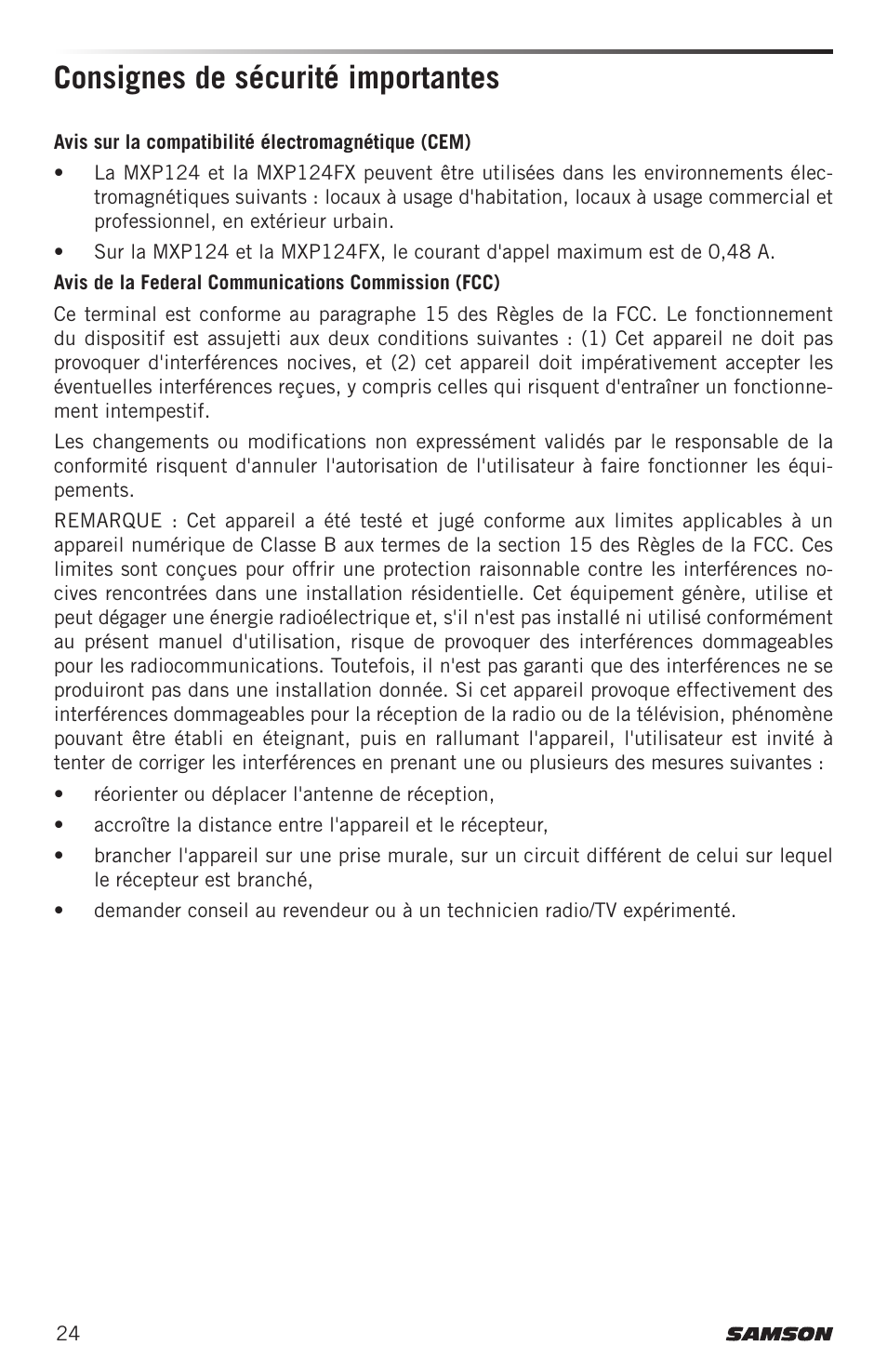 Consignes de sécurité importantes | Samson MIXPAD MXP124FX Analog Stereo Mixer with Effects and USB User Manual | Page 24 / 112