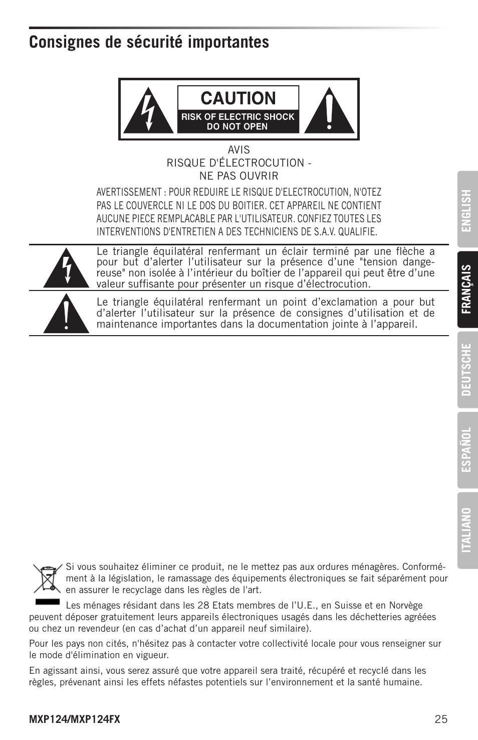 Consignes de sécurité importantes | Samson MIXPAD MXP124FX Analog Stereo Mixer with Effects and USB User Manual | Page 25 / 112