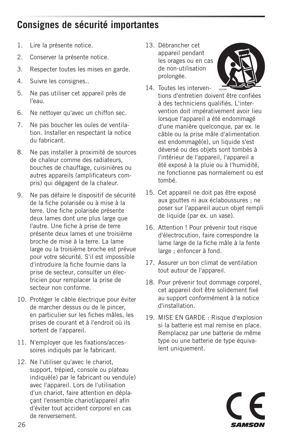 Consignes de sécurité importantes | Samson MIXPAD MXP124FX Analog Stereo Mixer with Effects and USB User Manual | Page 26 / 112