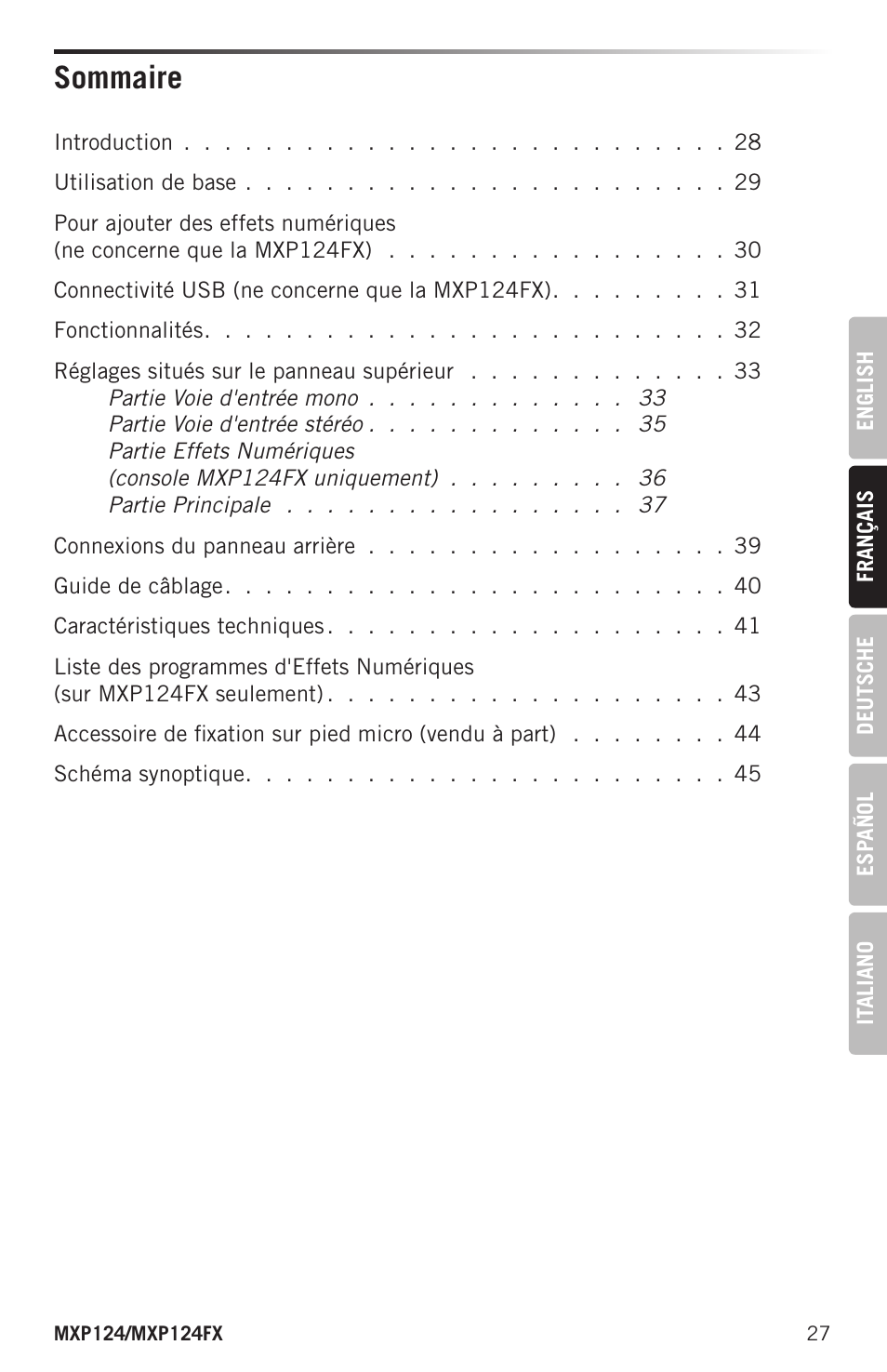 Sommaire | Samson MIXPAD MXP124FX Analog Stereo Mixer with Effects and USB User Manual | Page 27 / 112